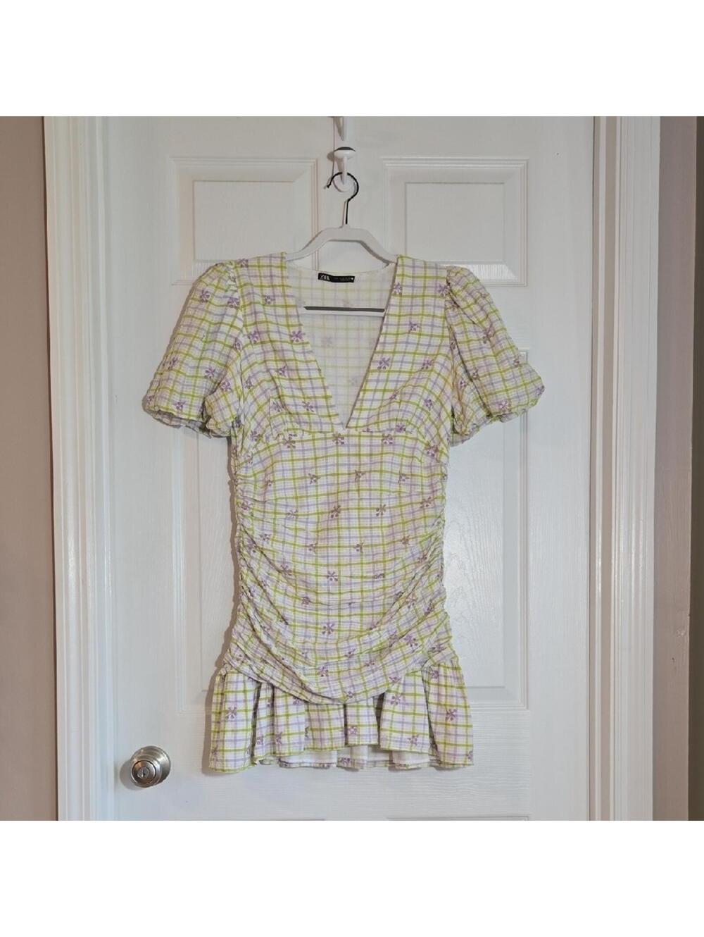 Zara Plaid Puff Bubble Sleeve Ruched Sides Mini Dress Size Medium - Picture 3 of 6